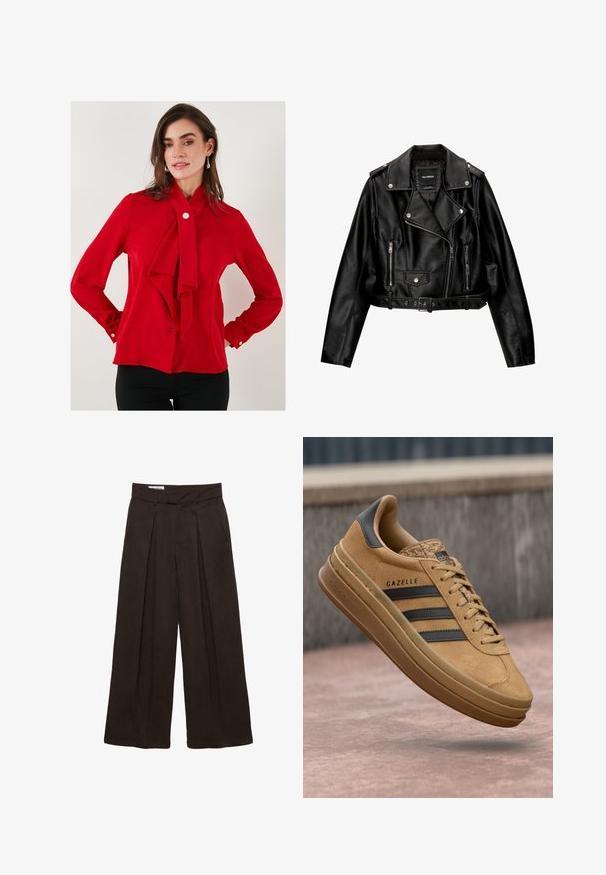 Fekete bőr rövidített motoros dzseki, amely jellemzője a kihajtható gallér, ezüst színű fémalkatrészek, cipzáras zsebek és övvel ellátott derék.; Piros blúz sima anyagból, nyakkendőzött masnival a gallérnál, hosszú ujjakkal, gombos mandzsettákkal és egy gombos záródással a nyaknál.; Magasan felső derékú, széles lábú, sötétbarna nadrág övpántokkal, elülső pliszékkel és rejtett elülső záródással.; Barna velúr sportcipők sima textúrával, három sötét csíkkal, lekerekített orral és vastag talppal, amelynek szegélye mintázott.