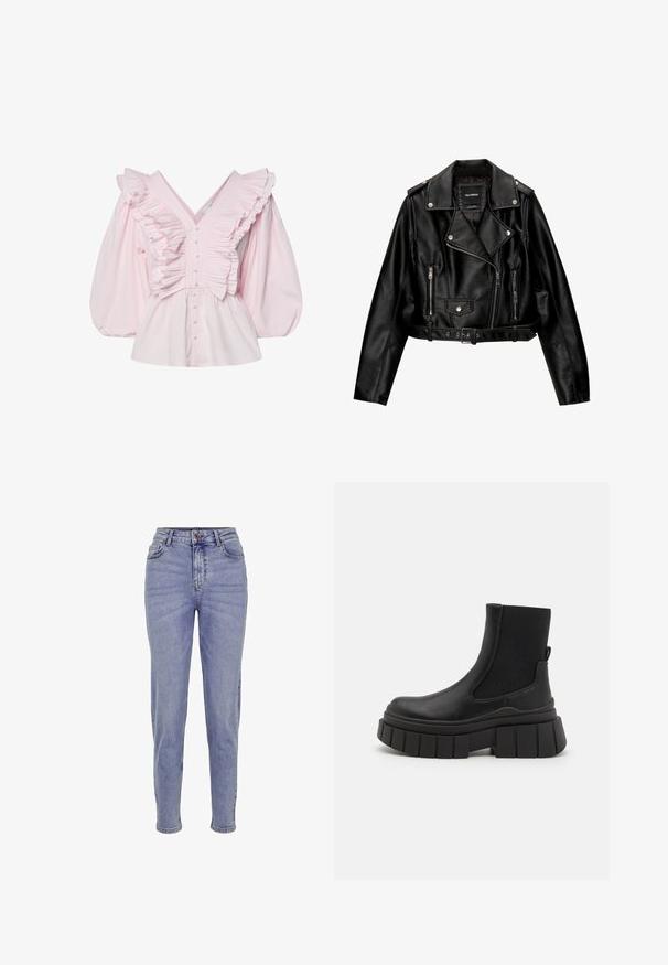 Musta nahkainen lyhyt moottoripyörätakki, jossa on lovellinen kaulus, hopeanväriset yksityiskohdat, vetoketjulliset taskut ja vyötärölle sidottava vyö.; Vaaleanpunainen puuvillapusero, jossa on syvä V-pääntie, rypytettyjä yksityiskohtia vartalon kohdalla ja volyymikkaat puffihihat, joissa on nappisulku.; Vaaleansiniset korkeavyötäröiset farkut, joissa on vetoketjukiinnitys ja nappikiinnitys, viisi taskua ja suora lahje.; Mustat nilkkurit, jotka on valmistettu sileästä nahasta, jossa on joustavat sivupaneelit, paksu alustakenkä ja tekstuuriura muotoilu.