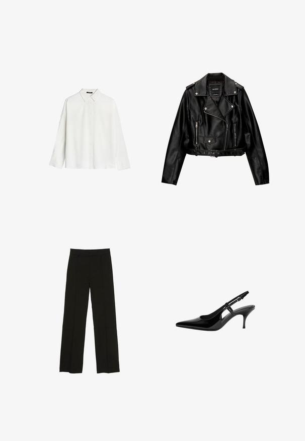 Czarna skórzana kurtka motocyklowa o kroju cropped, z wyciętą kołnierz, srebrnymi dodatkami, zamykanymi kieszeniami oraz paskiem w talii.; Biała koszula z długim rękawem wykonana z gładkiego materiału, z klasycznym kołnierzykiem i zapięciem na guziki z przodu, o prostym dołu i luźnym kroju.; Czarne spodnie szerokie na nogawkach wykonane z gładkiego materiału, z dopasowanym paskiem w talii i subtelnymi fałdami z przodu, które dodają tekstury.; Czarne lakierowane pantofle typu slingback z wydłużonym noskiem, otwartymi bocznymi wycięciami, smukłym obcasem i regulowanym zapięciem na kostkę.