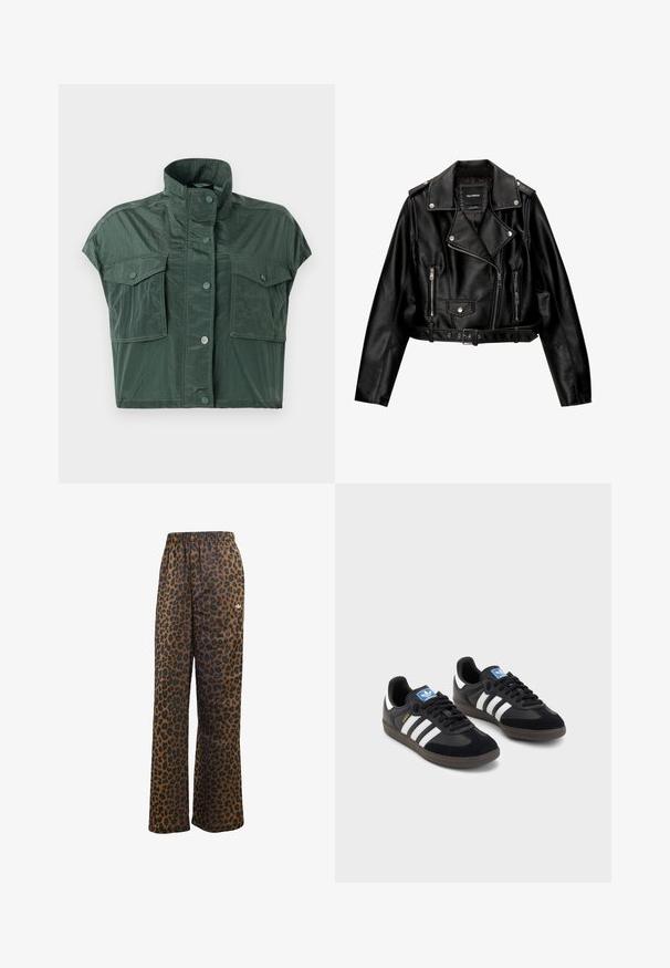 Sort læder cropped bikerjakke med et skårelapels, sølvhardware, lynlåslommer og bæltested.; Kortskaftet cropped jakke i mørkegrøn, lavet af et skinnende, tekstureret materiale; har to forlommer og en høj krave med knappelukning.; adidas Originals WIDE LEG LEO PRINT SATIN PANTS - Træningsbukser - multicolor bronze strata; Sorte sneakers med en overdel i ruskind og syntetisk materiale, med tre hvide striber, struktureret gummisål og en blå logoetiket på tungen.