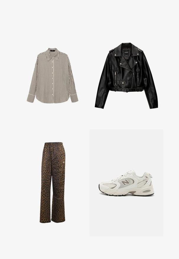 Schwarze Leder-Cropped-Bikerjacke mit Reverskragen, silberner Hardware, Reißverschlusstaschen und tailliertem Gürtel.; Gestreiftes Hemd in Creme und Schwarz, mit Kragen, langen Ärmeln und einem lässigen Schnitt mit geradem Saum.; adidas Originals WIDE LEG LEO PRINT SATIN PANTS - Jogginghose - multicolor bronze strata; Weißes Mesh-Laufschuh mit grauen Akzenten, runder Spitze, Schnürdesign, gepolsteter Sohle und einem auffälligen "N"-Logo an der Seite.