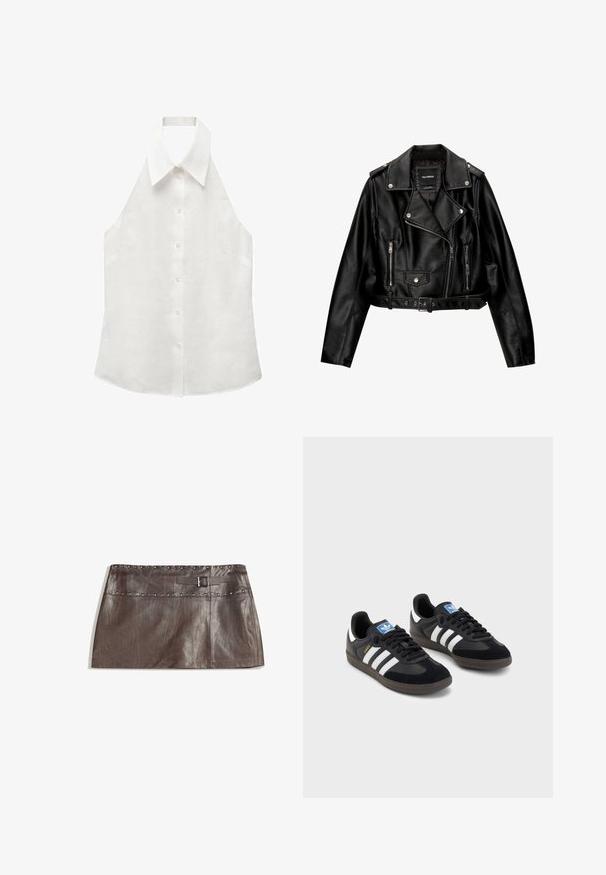 Zwarte leren cropped bikerjack met een ingenaaide kraag, zilveren hardware, ritssluitingen en een ceintuur in de taille.; Mango CHIARA - Top - off-white; Bruine leren mini rok met een studs tailleband en een riemlus met een gesp, een gladde textuur en een strakke, rechte uitstraling.; Zwarte sneakers met een bovenwerk van suède en synthetisch materiaal, voorzien van drie witte strepen, een gestructureerde rubberen zool en een blauw logo-label op de tong.