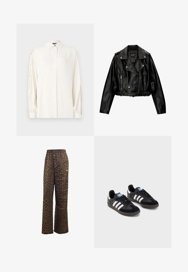 Musta nahkainen lyhyt moottoripyörätakki, jossa on lovellinen kaulus, hopeanväriset yksityiskohdat, vetoketjulliset taskut ja vyötärölle sidottava vyö.; Valkoinen pitkähihainen paita, jossa on kauluksellinen kaula, napitus edessä ja gathered-hihansuut. Hihansuissa on koristeellisia nappeja. Sujuva tekstuuri.; Kolme hihattomaa toppia pinottuna: musta, oliivinvihreä ja valkoinen. Kangas on sileää, joustavaa materiaalia, jossa on pyöreät kaula-aukot ja ilman kuvioita.; adidas Originals WIDE LEG LEO PRINT SATIN PANTS - Verryttelyhousut - multicolor bronze strata; Mustat lenkkarit, joissa on mokkanahka- ja synteettinen päällinen, kolmella valkoisella raidalla, tekstuurilla varustettu kumipohja ja sininen logo-etiketti kielellä.