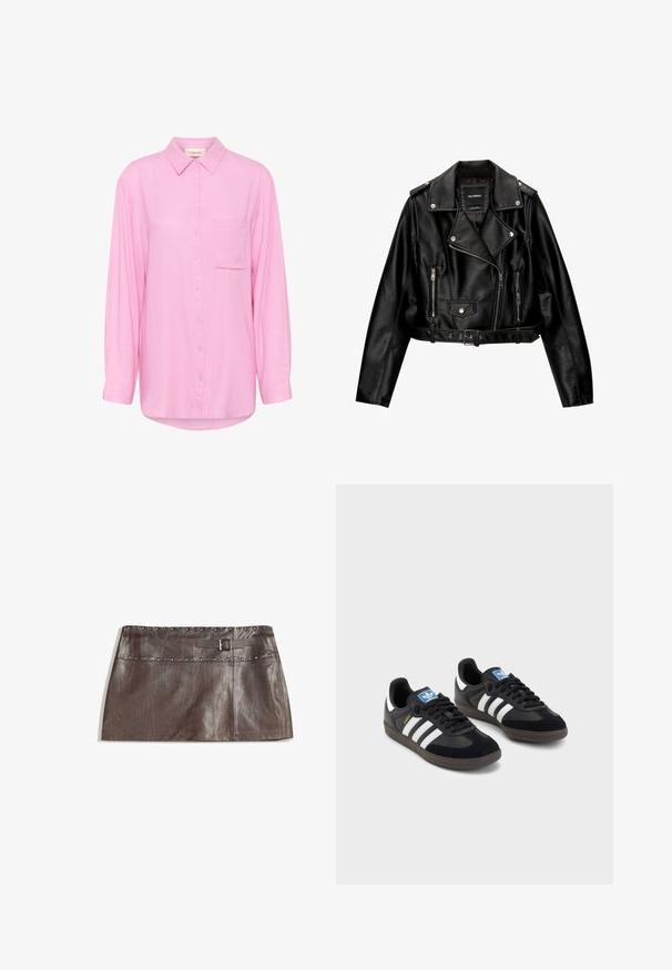 Kratka motoristična jakna iz črnega usnja s podloženim ovratnikom, srebrno opremo, žepi na zadrgo in pasom.; Svetlo roza srajca z gumbi, s kragnjo, dolgimi rokavi, sprednjim žepom in izvezenim detajlom na žepu. Mehak tekstilni material.; Rjava usnjena mini krila z okrasnim pasom in zanko za pas s sponko, gladka tekstura in eleganten, raven dizajn.; Črne športne copate z zgornjim delom iz semiša in sintetičnih materialov, ki imajo tri bele črte, teksturiran gumijast podplat in modro označevalno oznako na jeziku.
