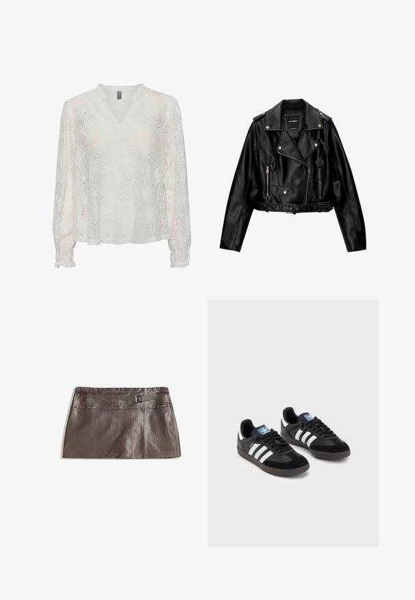 Černá kožená zkrácená motorkářská bunda s výstřihem, stříbrnými kovovými doplňky, zipovými kapsami a opaskem v pase.; Krajková blůza v barvě slonové kosti s výstřihem do V, dlouhými nabíranými rukávy, květinovým vzorem a nabíranými manžetami. Lehce strukturovaná tkanina.; Hnědá kožená mini sukně s kovovými cvočky na pase a poutkem na opasek s přezkou, hladká textura a elegantní, rovný střih.; Černé tenisky s vrškem z semiše a syntetického materiálu, s třemi bílými pruhy, texturovanou gumovou podrážkou a modrou nášivkou loga na jazyku.