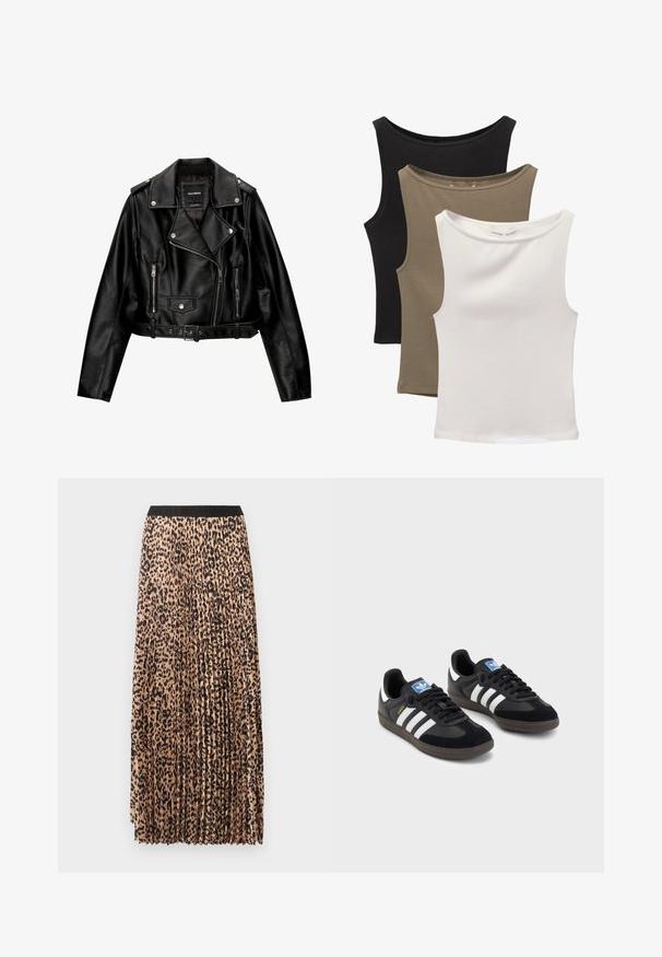 Schwarze Leder-Cropped-Bikerjacke mit Reverskragen, silberner Hardware, Reißverschlusstaschen und tailliertem Gürtel.; Drei ärmellose Tops gestapelt: schwarz, olivgrün und weiß. Der Stoff ist ein glattes, dehnbares Material mit abgerundeten Ausschnitten und ohne Muster.; Bodenlange, plissierte Rock in Beige mit einem schwarzen Leopardenmuster, ausgestattet mit einem schwarzen elastischen Bund und einem leichten, strukturierten Stoff.; Schwarze Sneaker mit einem Obermaterial aus Wildleder und Synthetik, ausgestattet mit drei weißen Streifen, einer strukturierten Gummi-Sohle und einem blauen Logo-Tag auf der Zunge.