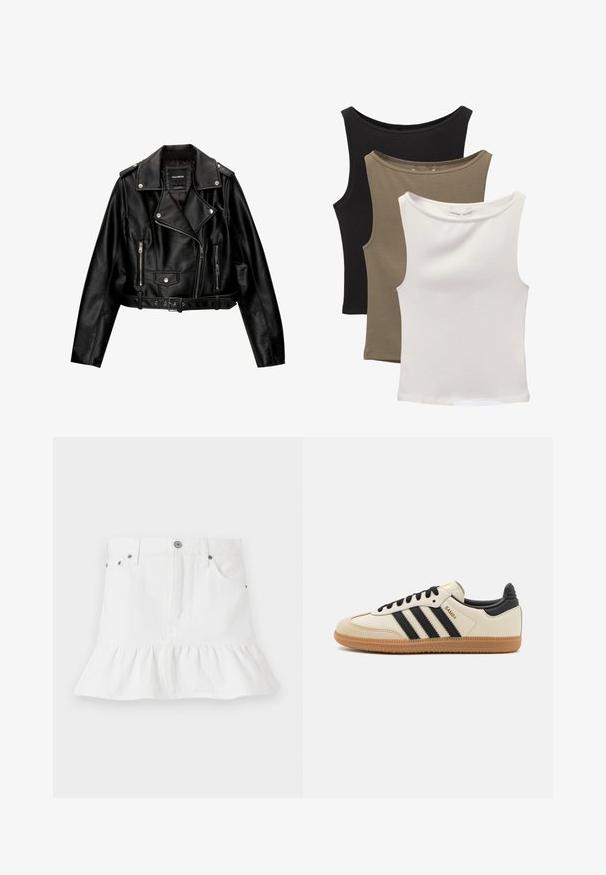 Sort læder cropped bikerjakke med et skårelapels, sølvhardware, lynlåslommer og bæltested.; Tre ærmeløse toppe stablet: sort, olivengrøn og hvid. Stoffet er et glat, strækbart materiale med rundet halsudskæring og uden mønstre.; Hvid denimnederdel med flæsekanter, der har et fem-lommers design, frontlukning med knapper og metalhardware detaljer.; Beige sportssko med sorte striber, gummibetræk samt sorte detaljer. Har en glat læderoverdel og et rundt tådesign.