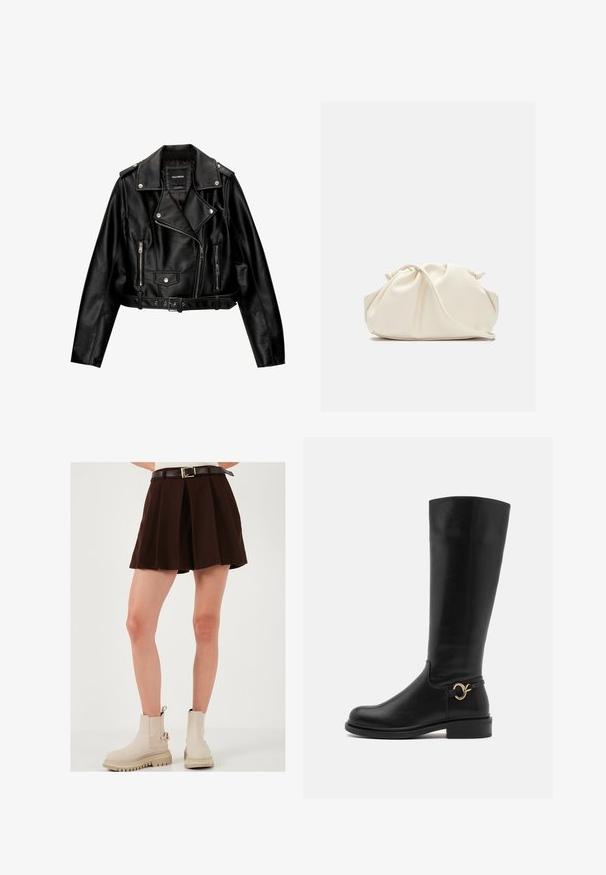 Kratka motoristična jakna iz črnega usnja s podloženim ovratnikom, srebrno opremo, žepi na zadrgo in pasom.; Trii brezrokavniki zloženi: črn, olivno zeleni in beli. Tkanina je gladek, raztegljiv material z zaobljenimi ovratniki in brez vzorcev.; Rjava nabirana krila s prilegajočim pasom in kontrastnim rjavim pasom z zlatim sponko. Obuta v bež gležnjarje.; Anna Field Wide Fit Škornji - black; Krema barve, mehka torba iz umetnega usnja z nabranim dizajnom, nastavljivim ročajem in diskretnim zapiranjem na vrvico. Gladka tekstura in zaobljena oblika.