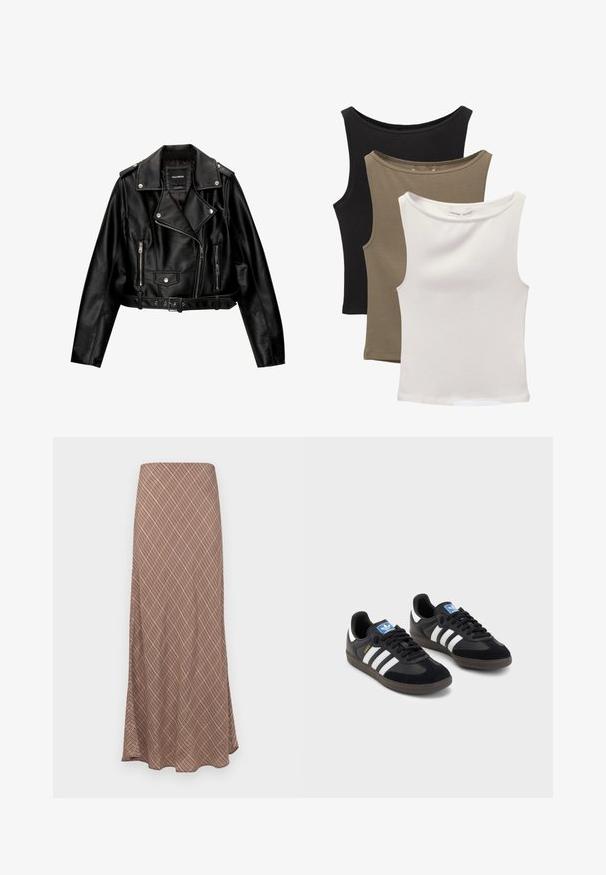 Crna kožna skraćena biker jakna srezanog ovratnika, srebrnim detaljima, džepovima na zip i remenom u struku.; Tri suknje bez rukava složene: crna, maslinasto zelena i bijela. Tkanina je glatka, elastična s okruglim izrezima i bez uzoraka.; Duga, šuplja suknja s smešnim geometrijskim uzorkom, koja ima glatku teksturu i elastičnu traku u struku za udobnost.; Crne tenisice s gornjim dijelom od antilopa i sintetičkog materijala, s tri bijele pruge, teksturiranom gumenom potplatom i plavom oznakom na jeziku.