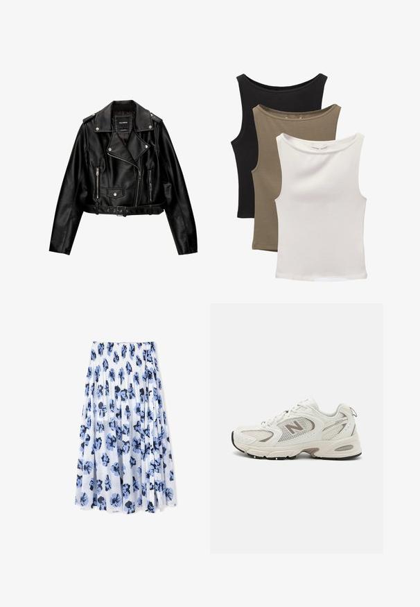 Czarna skórzana kurtka motocyklowa o kroju cropped, z wyciętą kołnierz, srebrnymi dodatkami, zamykanymi kieszeniami oraz paskiem w talii.; Trzy bezrękawniki ułożone w stos: czarny, oliwkowy i biały. Materiał jest gładki, elastyczny, z okrągłymi dekoltami i bez wzorów.; Plisowana spódnica z lekkiego materiału, z białym tłem i niebieskimi kwiatowymi wzorami z ciemnymi akcentami.; Białe siateczkowe buty do biegania z szarymi akcentami, zaokrąglony czubek, sznurowany design, wyściółka w podeszwie oraz wyraźne logo "N" po boku.