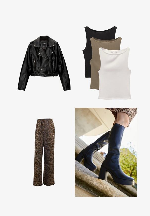 Schwarze Leder-Cropped-Bikerjacke mit Reverskragen, silberner Hardware, Reißverschlusstaschen und tailliertem Gürtel.; Drei ärmellose Tops gestapelt: schwarz, olivgrün und weiß. Der Stoff ist ein glattes, dehnbares Material mit abgerundeten Ausschnitten und ohne Muster.; adidas Originals WIDE LEG LEO PRINT SATIN PANTS - Jogginghose - multicolor bronze strata; mtng NEW - Plateaustiefel - black
