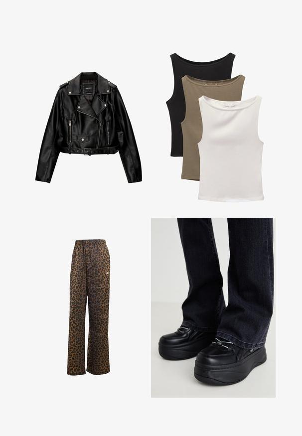 Schwarze Leder-Cropped-Bikerjacke mit Reverskragen, silberner Hardware, Reißverschlusstaschen und tailliertem Gürtel.; Drei ärmellose Tops gestapelt: schwarz, olivgrün und weiß. Der Stoff ist ein glattes, dehnbares Material mit abgerundeten Ausschnitten und ohne Muster.; adidas Originals WIDE LEG LEO PRINT SATIN PANTS - Jogginghose - multicolor bronze strata; Schwarze Plateauschuhe mit runder Zehenform und strukturiertem Gummisohlen. Mit grauen Schnürsenkeln und Logodetail an der Seite. Kombiniert mit dunklen Jeans.