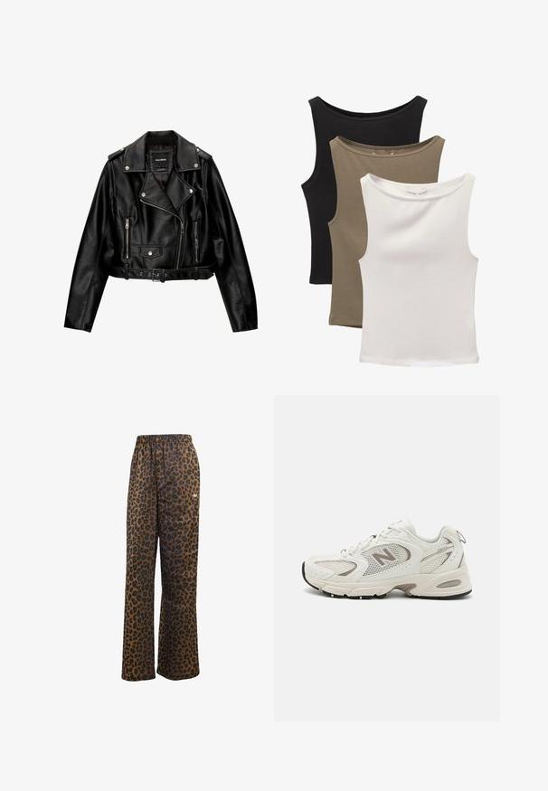 Musta nahkainen lyhyt moottoripyörätakki, jossa on lovellinen kaulus, hopeanväriset yksityiskohdat, vetoketjulliset taskut ja vyötärölle sidottava vyö.; Kolme hihattomaa toppia pinottuna: musta, oliivinvihreä ja valkoinen. Kangas on sileää, joustavaa materiaalia, jossa on pyöreät kaula-aukot ja ilman kuvioita.; adidas Originals WIDE LEG LEO PRINT SATIN PANTS - Verryttelyhousut - multicolor bronze strata; Valkoinen verkkomateriaaliset juoksukengät, joissa on harmaita yksityiskohtia, pyöreä varvaskärki, nauhakiinnitys, pehmustettu pohja ja suuret "N"-logot sivussa.