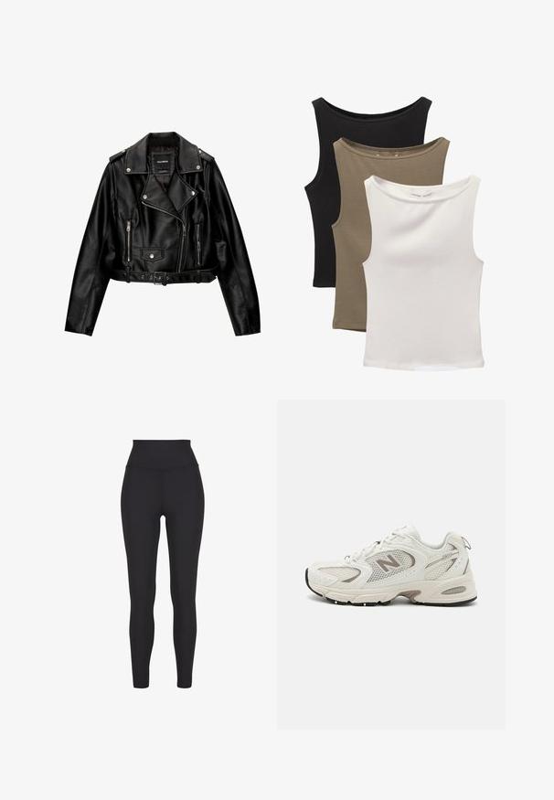 Czarna skórzana kurtka motocyklowa o kroju cropped, z wyciętą kołnierz, srebrnymi dodatkami, zamykanymi kieszeniami oraz paskiem w talii.; Trzy bezrękawniki ułożone w stos: czarny, oliwkowy i biały. Materiał jest gładki, elastyczny, z okrągłymi dekoltami i bez wzorów.; Czarne legginsy z wysokim stanem, wykonane z elastycznego materiału, o gładkiej fakturze i dopasowanym kroju bez widocznych szwów czy wzorów.; Białe siateczkowe buty do biegania z szarymi akcentami, zaokrąglony czubek, sznurowany design, wyściółka w podeszwie oraz wyraźne logo "N" po boku.
