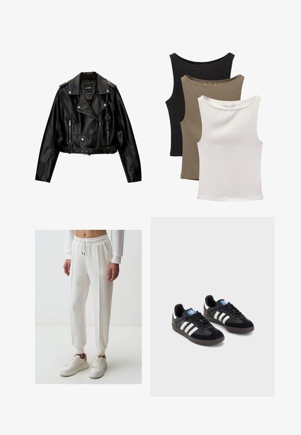 Schwarze Leder-Cropped-Bikerjacke mit Reverskragen, silberner Hardware, Reißverschlusstaschen und tailliertem Gürtel.; Drei ärmellose Tops gestapelt: schwarz, olivgrün und weiß. Der Stoff ist ein glattes, dehnbares Material mit abgerundeten Ausschnitten und ohne Muster.; Weiße Jogginghose mit elastischem Bund, Kordelzug, Seiten Taschen und schmalen Knöcheln, kombiniert mit weißen Sneakers.; Schwarze Sneaker mit einem Obermaterial aus Wildleder und Synthetik, ausgestattet mit drei weißen Streifen, einer strukturierten Gummi-Sohle und einem blauen Logo-Tag auf der Zunge.