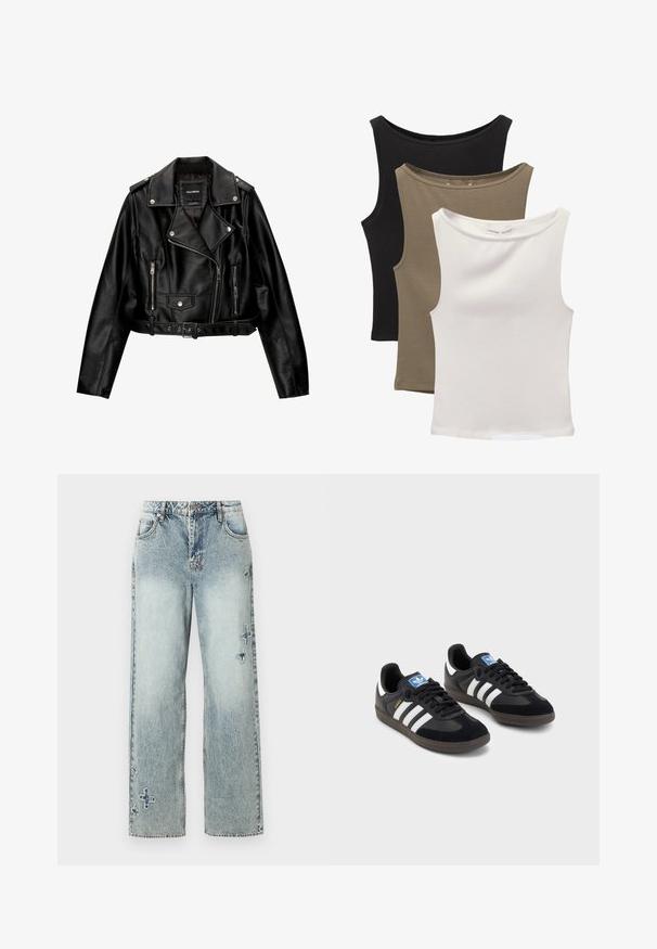 Jachetă de motociclist scurtă din piele neagră, cu guler cu revere, accesorii din metal argintiu, buzunare cu fermoar și talie cu curea.; Trei topuri fără mâneci stivuite: negru, verde măsliniu și alb. Țesătura este un material neted și elastic, cu decolteuri rotunjite și fără modele.; Blugi din denim de culoare albastru deschis, cu un design dreapt, având cusături vizibile și modele decorative încrucișate pe față.; Tenisi negri cu superior din suede și sintetic, având trei dungi albe, talpă din cauciuc texturat și etichetă albastră cu logo pe limbă.