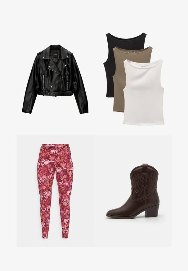 Schwarze Leder-Cropped-Bikerjacke mit Reverskragen, silberner Hardware, Reißverschlusstaschen und tailliertem Gürtel.; Drei ärmellose Tops gestapelt: schwarz, olivgrün und weiß. Der Stoff ist ein glattes, dehnbares Material mit abgerundeten Ausschnitten und ohne Muster.; Blumenleggings in einem dunkelpink und burgunderrot, mit einer Vielzahl von Blumen und Blättern. Hergestellt aus einem dehnbaren, enganliegenden Material.; Braune Leder-Cowboy-Stiefel mit spitzen Zehen, geprägten Flügelmotiven, einem mittelhohen Blockabsatz und einer Zuglasche auf der Rückseite.