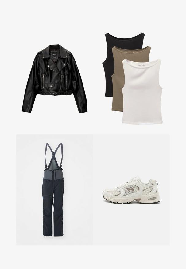 Svart läderkort motorcykeljacka med snedkrage, silverdetaljer, dragkedjefickor och bälte i midjan.; Tre ärmlösa toppar staplade: svart, olivgrön och vit. Tyget är ett mjukt, elastiskt material med rundade halslinningar och inga mönster.; Svarta snöbyxor med justerbara axelremmar, en ficka med dragkedja framtill och tygdetaljer i grått. Funktioner inkluderar en ficka med dragkedja på låret.; Vita nätlöparskor med grå detaljer, rundad tå, snörning, dämpad sula och en framträdande "N"-logotyp på sidan.
