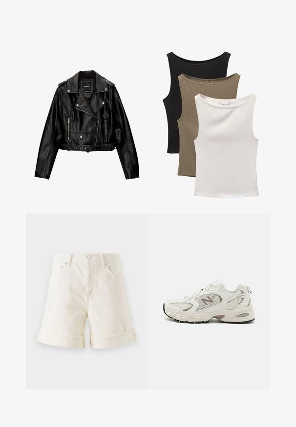 Schwarze Leder-Cropped-Bikerjacke mit Reverskragen, silberner Hardware, Reißverschlusstaschen und tailliertem Gürtel.; Drei ärmellose Tops gestapelt: schwarz, olivgrün und weiß. Der Stoff ist ein glattes, dehnbares Material mit abgerundeten Ausschnitten und ohne Muster.; Helle Jeans-Shorts aus Denim mit geradem Schnitt, umgeschlagenen Saumabschlüssen und klassischem Five-Pocket-Design. Mit silbernem Metallzubehör.; Weißes Mesh-Laufschuh mit grauen Akzenten, runder Spitze, Schnürdesign, gepolsteter Sohle und einem auffälligen "N"-Logo an der Seite.