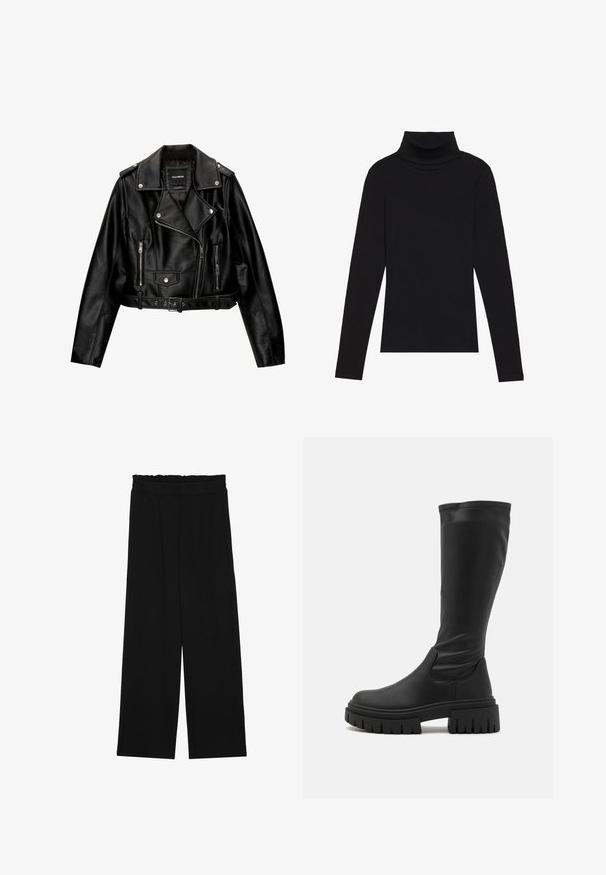 Fekete bőr rövidített motoros dzseki, amely jellemzője a kihajtható gallér, ezüst színű fémalkatrészek, cipzáras zsebek és övvel ellátott derék.; Fekete garbónyakú, hosszú ujjú felső, bordás anyagból készült, testhez álló fazonnal, magas nyakkal, minták és díszítések nélkül.; Fekete, bőszárú nadrág fodros derékrésszel, két oldalsó zsebbel és sima, könnyű anyagból. Nincsenek látható minták vagy fémalkatrészek.; Even&Odd Platform csizmák - black
