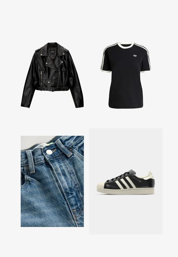 Musta nahkainen lyhyt moottoripyörätakki, jossa on lovellinen kaulus, hopeanväriset yksityiskohdat, vetoketjulliset taskut ja vyötärölle sidottava vyö.; Mustat puuvillapaidat, joissa on valkoiset yksityiskohdat kauluksessa ja hihoissa, jossa on kolme valkoista raitaa kummallakin olkapäällä ja pieni logo rintataskussa.; Farkut ovat vaaleansiniset ja niissä on kulutustekniikkana käytettyjä viivästysyksityiskohtia. Vyötäröllä on metallinen nappi ja saumoissa on näkyvää ommelta.; Musta nahkasneakeri, jossa on valkoiset raidat, kuminen varvassuoja, mustat nauhat ja kermaisa ulkopohja. Suora pinta ja kiiltävä viimeistely.