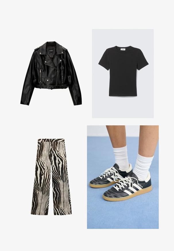 Černá kožená zkrácená motorkářská bunda s výstřihem, stříbrnými kovovými doplňky, zipovými kapsami a opaskem v pase.; Černé tričko s krátkým rukávem vyrobené z měkké bavlněné tkaniny, s kulatým výstřihem a volným střihem, s čistým designem a bez viditelných vzorů.; Kalhoty širokého střihu s výrazným zebrovaným vzorem v černé a bílé barvě s hnědými akcenty; vyrobené z lehkého materiálu, hladká textura.; Černé kožené tenisky s bílými pruhy, kulatou špičkou, bílými tkaničkami a gumovou podrážkou. Zvýrazněno polstrovaným límcem a detaily s logem.