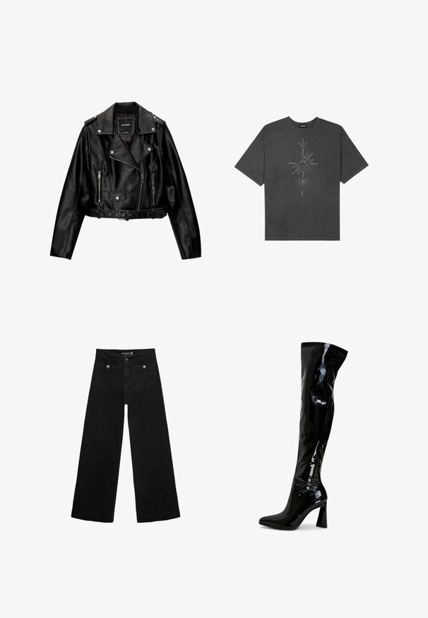Musta nahkainen lyhyt moottoripyörätakki, jossa on lovellinen kaulus, hopeanväriset yksityiskohdat, vetoketjulliset taskut ja vyötärölle sidottava vyö.; Musta harmaa ylisuurennettu t-paita, joka on valmistettu puuvillasta ja jossa on keskellä aurinkokuvio, jossa on monimutkaisia viivadetaileja painettuna etupuolelle.; Mustat leveälahkeiset farkut korkean vyötärön kanssa, joissa on kaksi etutaskua ja metalliset nappikoristeet. Kangas on sileä.; Musta yli polven saappaat, jotka on valmistettu kiiltävästä patenttinatusta, jossa on tyylikäs muotoilu, teräväkärkinen ja löysä korko.