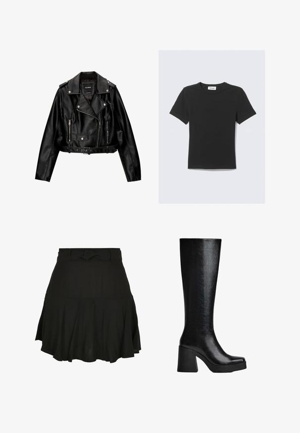 Zwarte leren cropped bikerjack met een ingenaaide kraag, zilveren hardware, ritssluitingen en een ceintuur in de taille.; Zwart T-shirt met korte mouwen van zacht katoen, voorzien van een ronde hals en een normale pasvorm, zonder zichtbare patronen of accenten.; Zwarte rok met een geplooide design, voorzien van een geknoopte taille en lichte stof, wat zorgt voor een zachte val aan de onderkant.; Zwarte knie-hoge laars van gestructureerd synthetisch materiaal, met een vierkante neus, chunky hoge hak en een glad, gestroomlijnd oppervlak.