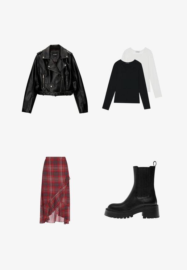 Crna kožna skraćena biker jakna srezanog ovratnika, srebrnim detaljima, džepovima na zip i remenom u struku.; Dva dugo rukava, jedan crni i jedan bijeli, oba s kvadratnim izrezom i izrađeni od mekane, rastezljive tkanine.; Crvena karirana suknja od laganog materijala, s volanima na rubu i asimetričnim dizajnom. Uključuje nijanse sive i bijele u uzorku.; Crne kožne čizme do članaka s debelim potplatom, teksturiranim bočnim panelima i petljom za zatezanje. Imaju glatku površinu i zaobljen vrh.