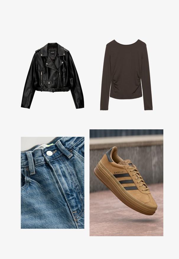 Kratka motoristična jakna iz črnega usnja s podloženim ovratnikom, srebrno opremo, žepi na zadrgo in pasom.; Dolgimi rokavi iz temno rjave tkanine z gladko teksturo, z bočnim gubanjem in zaobljenim izrezom. Brez vzorcev ali dodatkov.; Jeans iz jeansa imajo svetlo modro barvo s podrobnostmi whiskering. Pas vključuje kovinski gumb in vidno šivanje ob šivih.; Svetlo rjave semiš teniske z gladko teksturo, ki imajo tri temne črte, zaobljen nos in debelejši podplat s vzorčastim robom.