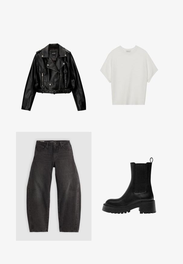 Fekete bőr rövidített motoros dzseki, amely jellemzője a kihajtható gallér, ezüst színű fémalkatrészek, cipzáras zsebek és övvel ellátott derék.; Fehér, rövid ujjú póló széles kerek nyakkivágással és textúrázott, bordás mintával, puha anyagból készült, laza fazonú és letisztult dizájnú.; Fekete farmernadrág ellazult szabással, amely öt zsebbel, gombos záródással és finom kopással rendelkezik. Az anyag sima, tartós textúrájú.; Fekete bőr bokacsizma masszív talppal, mintás oldalsó panelekkel és húzófüllel. Simaság jellemzi, és kerek orra van.