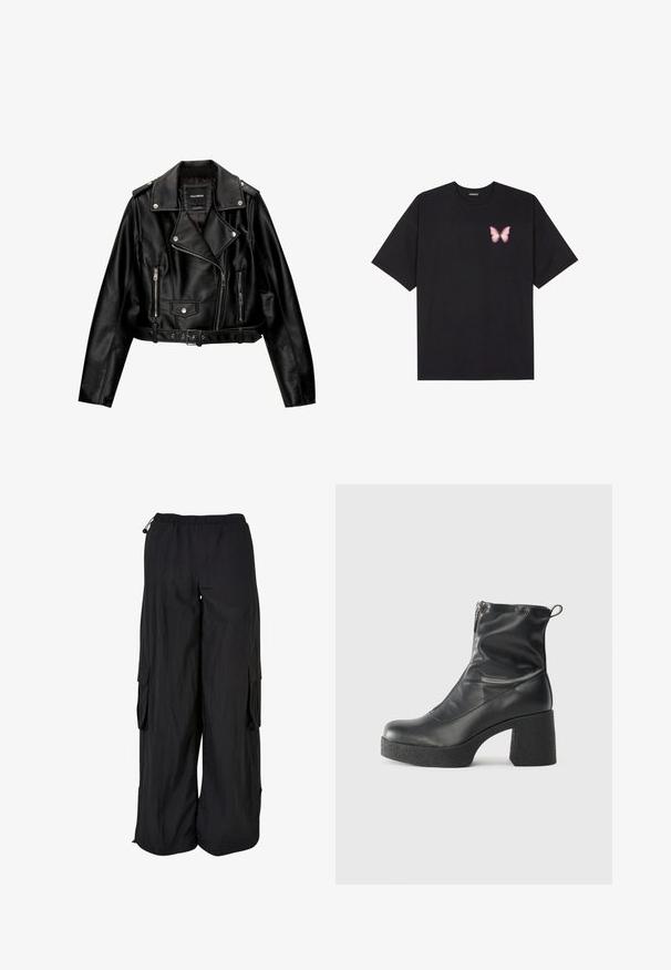Schwarze Leder-Cropped-Bikerjacke mit Reverskragen, silberner Hardware, Reißverschlusstaschen und tailliertem Gürtel.; Schwarzes Baumwoll-T-Shirt mit kurzen Ärmeln, das ein kleines pinkes Schmetterlingsmotiv auf der linken Brust zeigt. Crewneck-Design mit einem entspannten Schnitt.; Schwarze Cargo-Hosen mit elastischem Bund, lockerer Passform, leichtem Stoff, Seitentaschen und dezent strukturiertem Finish.; Schwarze Stiefeletten aus glattem Leder mit seitlichem Reißverschluss, klobigem strukturiertem Absatz und runder Zehenform.