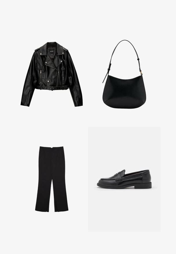 Schwarze Leder-Cropped-Bikerjacke mit Reverskragen, silberner Hardware, Reißverschlusstaschen und tailliertem Gürtel.; Schwarzes Langarmshirt mit Rundhalsausschnitt, aus weichem Stoff, mit Raglanärmeln und geradem Saum.; Schwarze Hose mit geradem Schnitt, ausgestattet mit Fronttaschen und Seitenschlitzen am Saum. Hergestellt aus weichem, glattem Stoff. Geeignet für verschiedene Anlässe.; Schwarze Lederloafers mit glatter Textur, abgerundeter Zehenpartie, gestickten Details auf dem Obermaterial und einer niedrigen, flachen Gummisohle.; Schwarze Ledertasche mit schmalem Design, geschwungener Form und verstellbarem Griff. Verfügt über minimale Nähte und ein schlichtes Design.