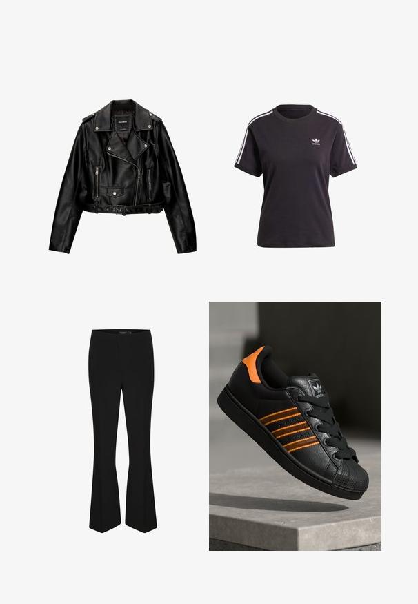 Čierna kožená skrátená bikerská bunda so zúženým golierom, striebornými doplnkami, zipsovými vreckami a pásom v páse.; Čierne bavlnené tričko s krátkym rukávom a okrúhlym výstrihom, s bielymi pruhmi na ramienkach a malým bielym logom Adidas na hrudi.; Čierne rozšírené nohavice z hladkej tkaniny, s priliehavým pásom a čistým dizajnom bez viditeľných zapínaní alebo ozdôb.; Čierne tenisky s oranžovými akcentami, tromi horizontálnymi pruhmi, textúrovaným koženým zvrškom, gumovým ochranným vankúšikom na prstoch a čiernymi šnúrkami.