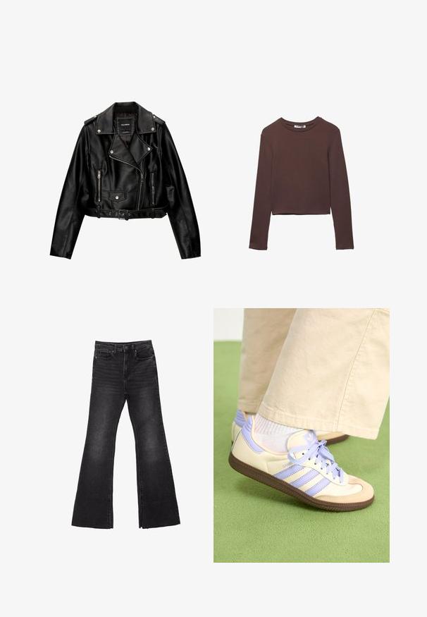 Veste de motard en cuir noir, courte, avec un col cranté, des éléments en métal argenté, des poches zippées et une taille ceinturée.; Chemise cropped à manches longues marron en tissu doux et lisse, avec un col rond et sans motifs ni garnitures visibles.; Jean en denim noir évasé avec une ourlet brut, présentant un design à cinq poches et une fermeture à bouton. Confectionné dans un tissu robuste et texturé.; Baskets crème et lavande avec trois bandes et une semelle marron texturée, dotées de lacets et d'un talon rembourré. Tige en tissu doux.