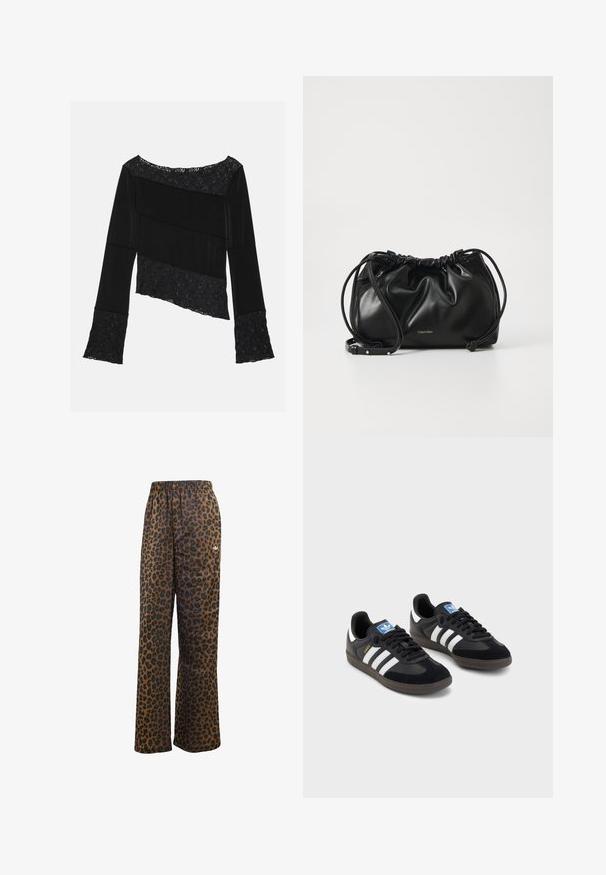 Schwarze Leder-Cropped-Bikerjacke mit Reverskragen, silberner Hardware, Reißverschlusstaschen und tailliertem Gürtel.; Schwarzes Langarmoberteil mit einer Kombination aus glattem Stoff und strukturierten Spitzenakzenten, mit asymmetrischem Schnitt und ausgestellt geschnittenen Ärmeln.; adidas Originals WIDE LEG LEO PRINT SATIN PANTS - Jogginghose - multicolor bronze strata; Schwarze Sneaker mit einem Obermaterial aus Wildleder und Synthetik, ausgestattet mit drei weißen Streifen, einer strukturierten Gummi-Sohle und einem blauen Logo-Tag auf der Zunge.; Schwarze Lederhandtasche mit gerafftem Design, doppeltem Kordelzugverschluss und abnehmbarem Schulterriemen. Mit metallic Logo-Details.