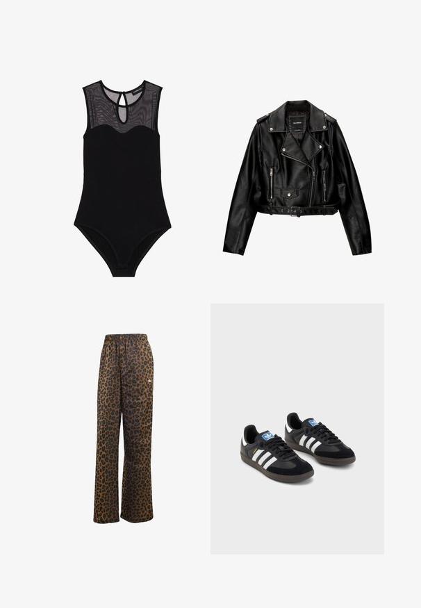 Zwarte leren cropped bikerjack met een ingenaaide kraag, zilveren hardware, ritssluitingen en een ceintuur in de taille.; Zwarte bodysuit met een mesh yoke, mouwloos ontwerp, ronde hals en sleutelgat achterkant. Bevat een gladde, rekbare stof en minimale details.; adidas Originals WIDE LEG LEO PRINT SATIN PANTS - Trainingsbroek - multicolor bronze strata; Zwarte sneakers met een bovenwerk van suède en synthetisch materiaal, voorzien van drie witte strepen, een gestructureerde rubberen zool en een blauw logo-label op de tong.