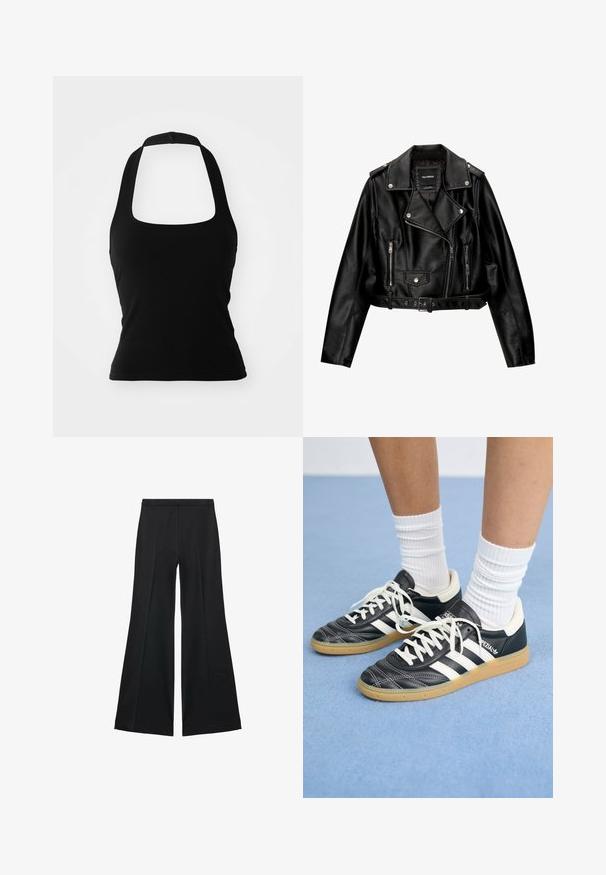 Musta nahkainen lyhyt moottoripyörätakki, jossa on lovellinen kaulus, hopeanväriset yksityiskohdat, vetoketjulliset taskut ja vyötärölle sidottava vyö.; Musta halterneck-toppi, joka on valmistettu joustavasta kankaasta, harmaasta neliön muotoisesta pääntiestä ja minimalistisesta muotoilusta ilman koristeita tai kuvioita.; Mustat leveälahkeiset housut, joissa on sileä pinta, etupuolella laskokset ja muotolaskettu malli. Kangas on kevyttä ja laskeutuvaa.; Mustat nahkasneakerit valkoisilla raidoilla, pyöreä kärki, valkoiset nauhat ja kumipohja. Korostaa pehmustettua kaulusta ja brändäysohjeita.