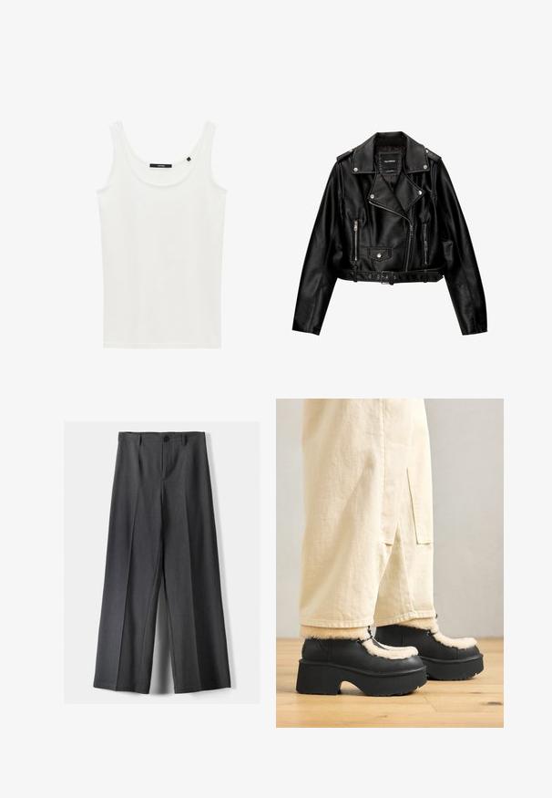 Zwarte leren cropped bikerjack met een ingenaaide kraag, zilveren hardware, ritssluitingen en een ceintuur in de taille.; Witte, mouwloze tanktop van zachte katoen. Heeft een ronde halslijn en een rechte zoom. Etiket gestikt in het nekgebied.; Wijde broek in donkergrijze stof, met een knoopsluiting, voorplooien en riemlussen. Gladde textuur met een op maat gemaakte uitstraling.; Zwarte platformlaarzen met een ronde neus, voorzien van een fluffy crèmekleurige kraag en veters, gecombineerd met losse beige broek op een houten vloer.