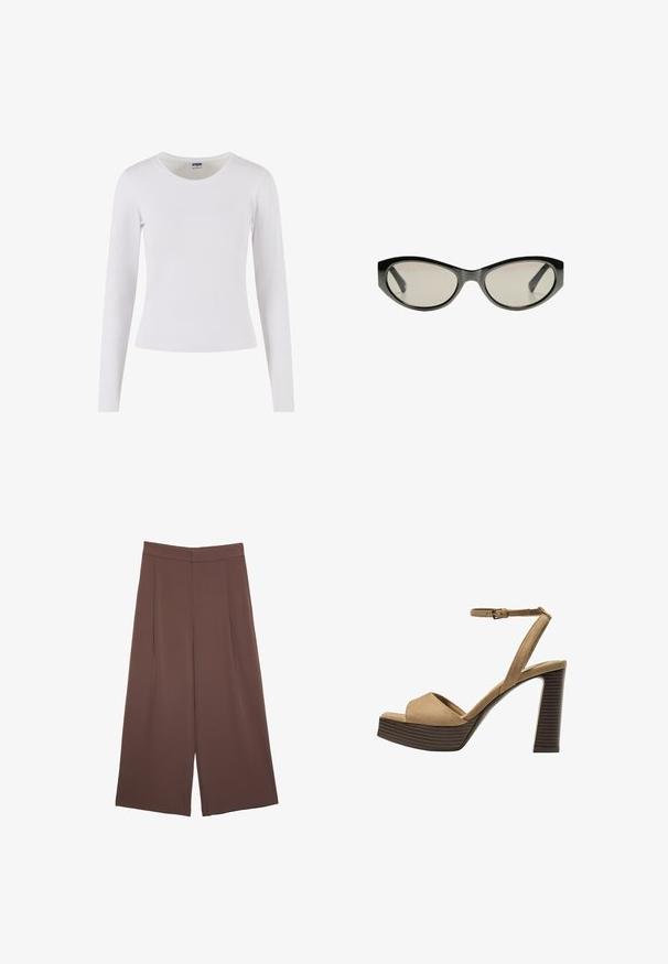 Schwarze Leder-Cropped-Bikerjacke mit Reverskragen, silberner Hardware, Reißverschlusstaschen und tailliertem Gürtel.; Langärmliges weißes T-Shirt aus weicher Baumwolle, mit Rundhalsausschnitt und taillierter Silhouette, ohne Muster oder Akzente.; Braune Weite-Leg-Hosen mit einer glatten Textur, hoher Taille und Vorderfalten. Der Stoff ist leicht und fällt locker.; Beige Wildleder-Pumps mit hohem Absatz, breitem Vorderband und Knöchelriemen, ausgestattet mit einem klobigen Holzblockabsatz mit strukturiertem Finish.; Schwarze Cat-Eye-Sonnenbrille mit grau getönten Gläsern. Der Kunststoffrahmen hat scharfe Kanten und eine glatte, glänzende Oberfläche.