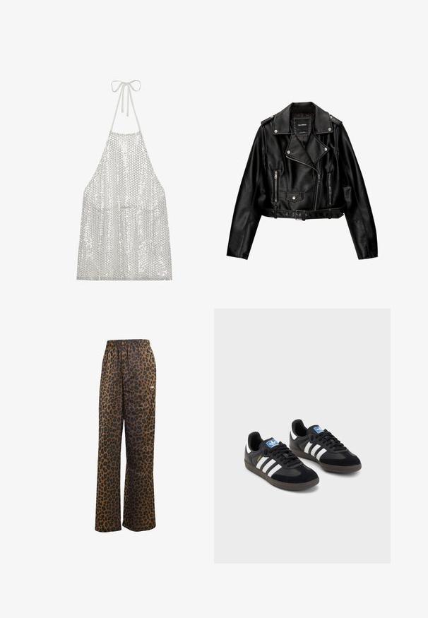 Zwarte leren cropped bikerjack met een ingenaaide kraag, zilveren hardware, ritssluitingen en een ceintuur in de taille.; Zilver sequin schort met halternekstrik. Dit schort is gemaakt van een lichte stof bedekt met kleine ronde pailletten die licht en textuur weerkaatsen.; adidas Originals WIDE LEG LEO PRINT SATIN PANTS - Trainingsbroek - multicolor bronze strata; Zwarte sneakers met een bovenwerk van suède en synthetisch materiaal, voorzien van drie witte strepen, een gestructureerde rubberen zool en een blauw logo-label op de tong.