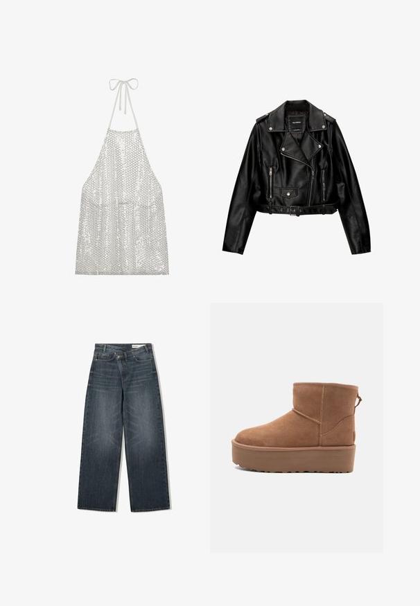 Zwarte leren cropped bikerjack met een ingenaaide kraag, zilveren hardware, ritssluitingen en een ceintuur in de taille.; Zilver sequin schort met halternekstrik. Dit schort is gemaakt van een lichte stof bedekt met kleine ronde pailletten die licht en textuur weerkaatsen.; Donker gewassen spijkerbroek met een wijde pijpdesign, voorzien van een hoge taille, vijf zakken en subtiele wassing aan de voorkant.; Tan suède enkellaars met een platformzool, ronde neus en stiksels; heeft een trekband aan de achterkant voor gemakkelijke instap.
