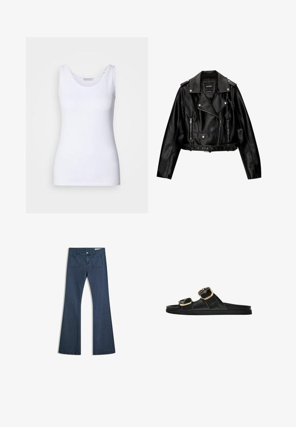 Czarna skórzana kurtka motocyklowa o kroju cropped, z wyciętą kołnierz, srebrnymi dodatkami, zamykanymi kieszeniami oraz paskiem w talii.; Biały top na ramiączkach wykonany z gładkiego, elastycznego materiału. Posiada okrągły dekolt i szerokie ramiączka. Dół znajduje się tuż poniżej talii. Bez wzorów czy akcentów.; Ciemnoniebieskie dżinsy typu dzwony z przeszytymi kieszeniami, zapięciem na guzik i gładką fakturą. Posiadają klasyczny pięciokieszeniowy fason.; Czarne klapki z dwoma złotymi klamrami, gładki materiał, płaska podeszwa i minimalistyczny design.