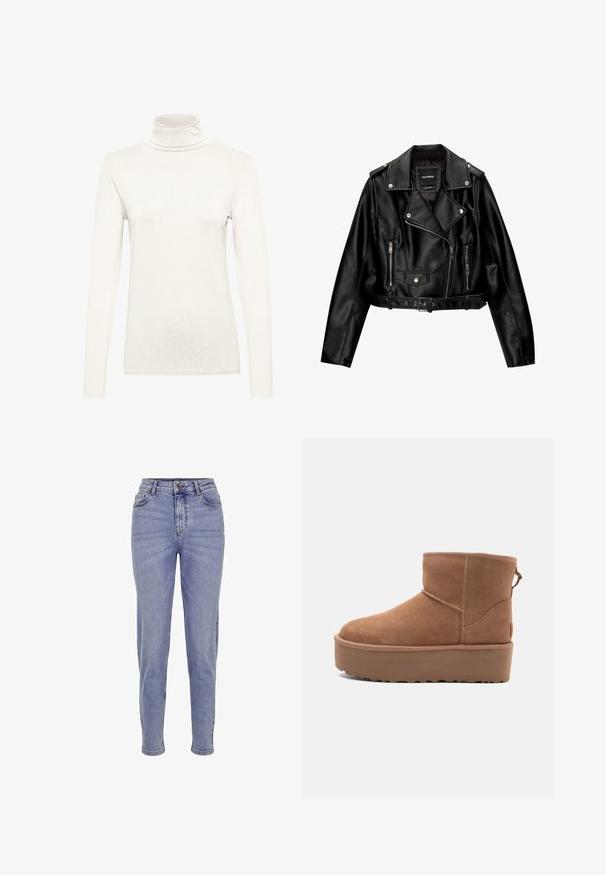 Schwarze Leder-Cropped-Bikerjacke mit Reverskragen, silberner Hardware, Reißverschlusstaschen und tailliertem Gürtel.; Langärmliges Oberteil mit Rollkragen in Creme, aus weichem Stoff mit figurbetontem Schnitt. Verfügt über einen hohen Kragen und eine glatte, gleichmäßige Textur.; Hellblaue High-Waist-Jeans aus Denim, mit einem Reißverschluss und Knopfverschluss, fünf Taschen und geradem Bein.; Beige Wildleder-Ankle-Boot mit Plateausohle, abgerundetem Zehenbereich und abgesteppten Akzenten; verfügt über eine Zuglasche hinten für einfaches An- und Ausziehen.