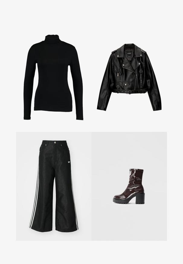 Kratka motoristična jakna iz črnega usnja s podloženim ovratnikom, srebrno opremo, žepi na zadrgo in pasom.; Črn dolgi rokavi turtleneck top iz gladkega materiala, s prilagojeno zasnovo in visokim ovratnikom, primeren za plastenje ali nošenje samostojno.; Črne široke jeans hlače z dvema belima črtama na vsaki strani in majhnim belim logotipom. Imajo sprednje žepke in zapiranje na gumb.; Sijajan škrlatank z bleščečim videzom, z masivnim črnim peto, ki se ponaša z gladko teksturo in preprostim dizajnom. Brez vidnih zapenjal ali vzorcev.