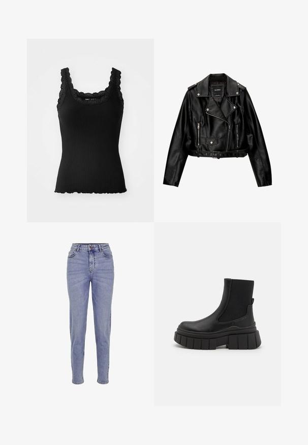 Zwarte leren cropped bikerjack met een ingenaaide kraag, zilveren hardware, ritssluitingen en een ceintuur in de taille.; Zwarte geribbelde tanktop met kantafwerking op de halslijn en schouders, met een golvende zoom en een aansluitend design, gemaakt van stretchstof.; Lichtblauwe high-waisted jeans van denim, met een ritssluiting en knoopsluiting, vijf zakken en een rechte pijp.; Zwarte enkellaarzen van soepel leer met elastische zijpanelen, een robuuste platformzool en een gestructureerd loopvlak design.