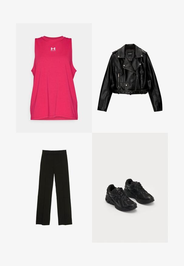 Black leather cropped biker jacket featuring a notched collar, silver hardware, zippered pockets, and a belted waist.; Sleeveless athletic tank top in vibrant pink, made from soft cotton blend fabric. Features a round neckline and white Under Armour logo.; Black wide-leg trousers made from a smooth fabric, featuring a fitted waistband and subtle front pleats for added texture.; Black athletic shoes made of mesh and synthetic materials. Features a cushioned sole, textured patterns, and embossed branding on the side.