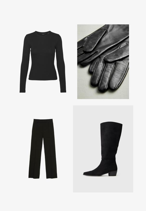 Svart läderkort motorcykeljacka med snedkrage, silverdetaljer, dragkedjefickor och bälte i midjan.; Svart långärmad tröja i ribbat tyg. Den har en rund halsringning och en figurnära passform utan synliga mönster eller dekorationer.; Svarta vida byxor tillverkade av ett mjukt tyg, med en åtsittande midja och subtila framveck för en extra textur.; Svarta mocka knähöga stövlar med låg klack och spetsig tå, visade i sidovy på en enkel ljusgrå bakgrund.; Svarta läderhandskar med slät yta, med sömmar längs fingrarna och en åtsittande design. Mjuk, smidig material för komfort.