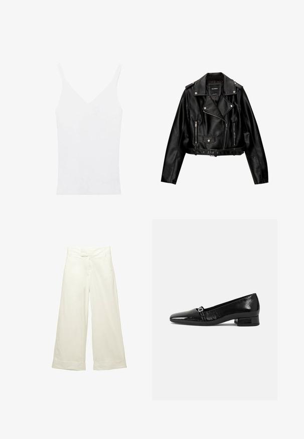 Černá kožená zkrácená motorkářská bunda s výstřihem, stříbrnými kovovými doplňky, zipovými kapsami a opaskem v pase.; Bílý top bez rukávů s tenkými ramínky, výstřihem do V, přiléhavým střihem a vroubkovanou texturou. Materiál vypadá měkký a lehký.; Široké kalhoty z jemné krémové látky. Mají plochý pas a ohrnuté manžety. Hladký povrch s čistým, minimalistickým designem.; Černé lakované baleríny s špičatou špičkou, nízkým čtvercovým podpatkem a malým kovovým detailem na pásku. Hladký povrch.