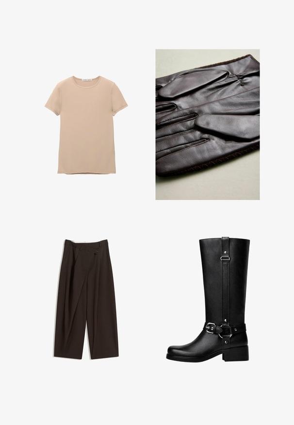 Jachetă de motociclist scurtă din piele neagră, cu guler cu revere, accesorii din metal argintiu, buzunare cu fermoar și talie cu curea.; PULL&BEAR SHORT SLEEVE - Tricou basic - beige; Pantaloni largi de culoare maron închis, cu talie înaltă, având închiere cu un singur nasture și un față pliată. Confectionați dintr-un material ușor.; Cizme înalte din piele ecologică neagră, cu vârf rotund, detalii cu cataramă de accent și toc gros. Textură netedă și cusătură verticală pe tijă.; Mănuși din piele maro, cu o textură netedă, având cinci degete, încheietură elastică și cusături decorative pe margine.